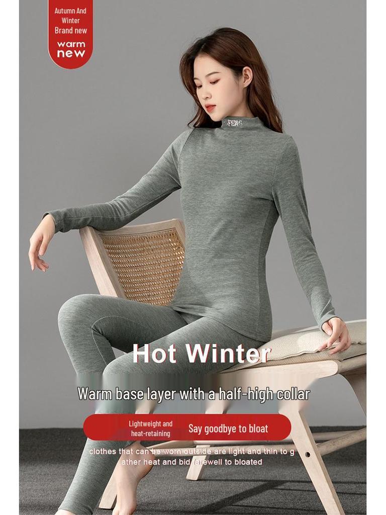 Women's High Waist Thermal Base Layer Pants & Top Set - Imitation Cashmere, Elastic, Plus Velvet Warmth for Autumn/Winter.