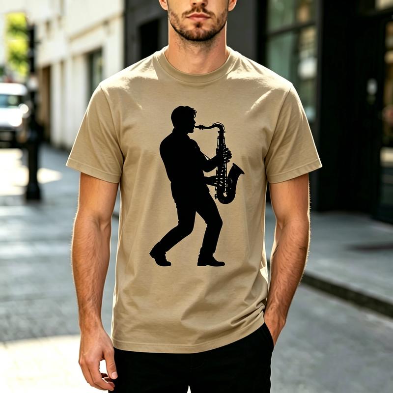 Vintage Jazz Music Saxophone Player Silhouette Print Unisex Short Sleeve T Shirt Cotton Summer Streetwear Casual Tee