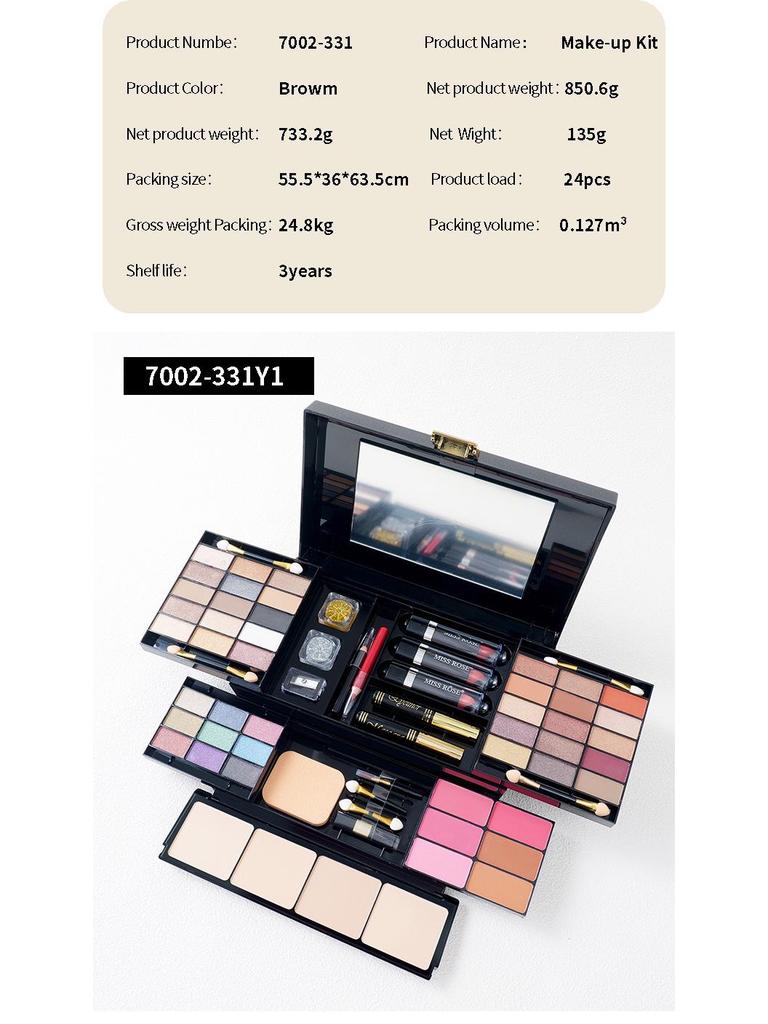 MISSROSE Makeup Palette Set: Eyeshadow, Lip Gloss, Lipstick, Blush, Concealer, Highlight, and Powder.