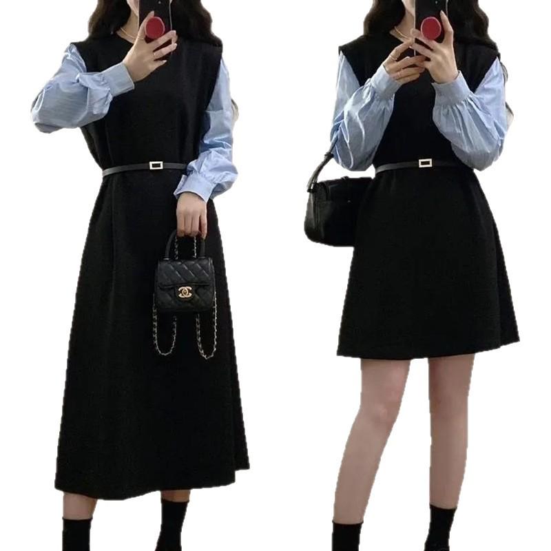 2025 Plus Size Long Sleeve Patchwork Two-Piece Slim-Fit Dress for Women