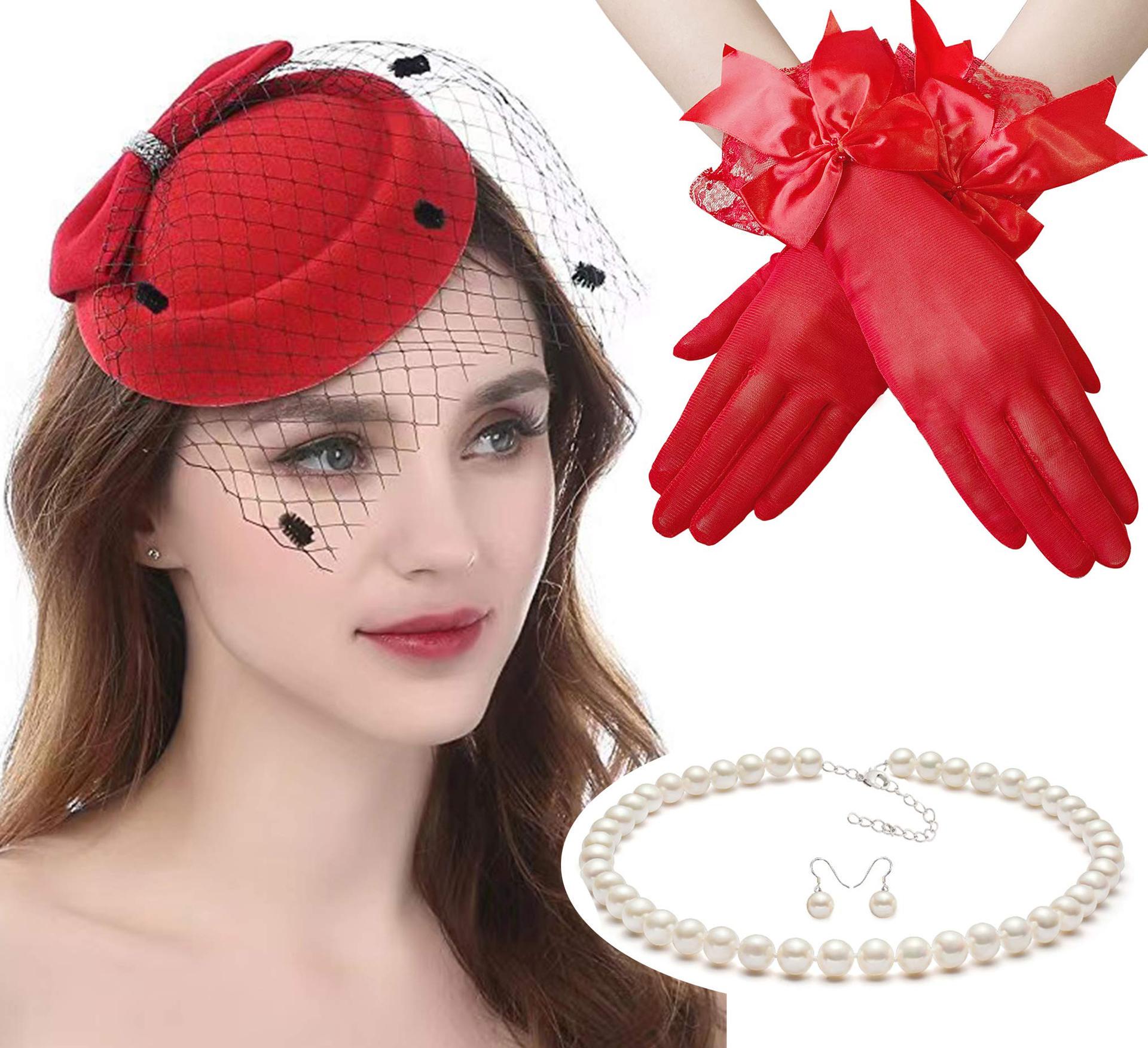 Retro Net Cap Beret with Veil, Feather, Lace Gloves & Pearl Necklace белый
