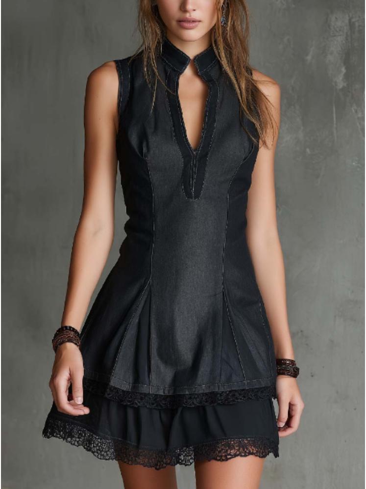 2026 Spring/Summer European and American Leather Lace Solid Color Dress