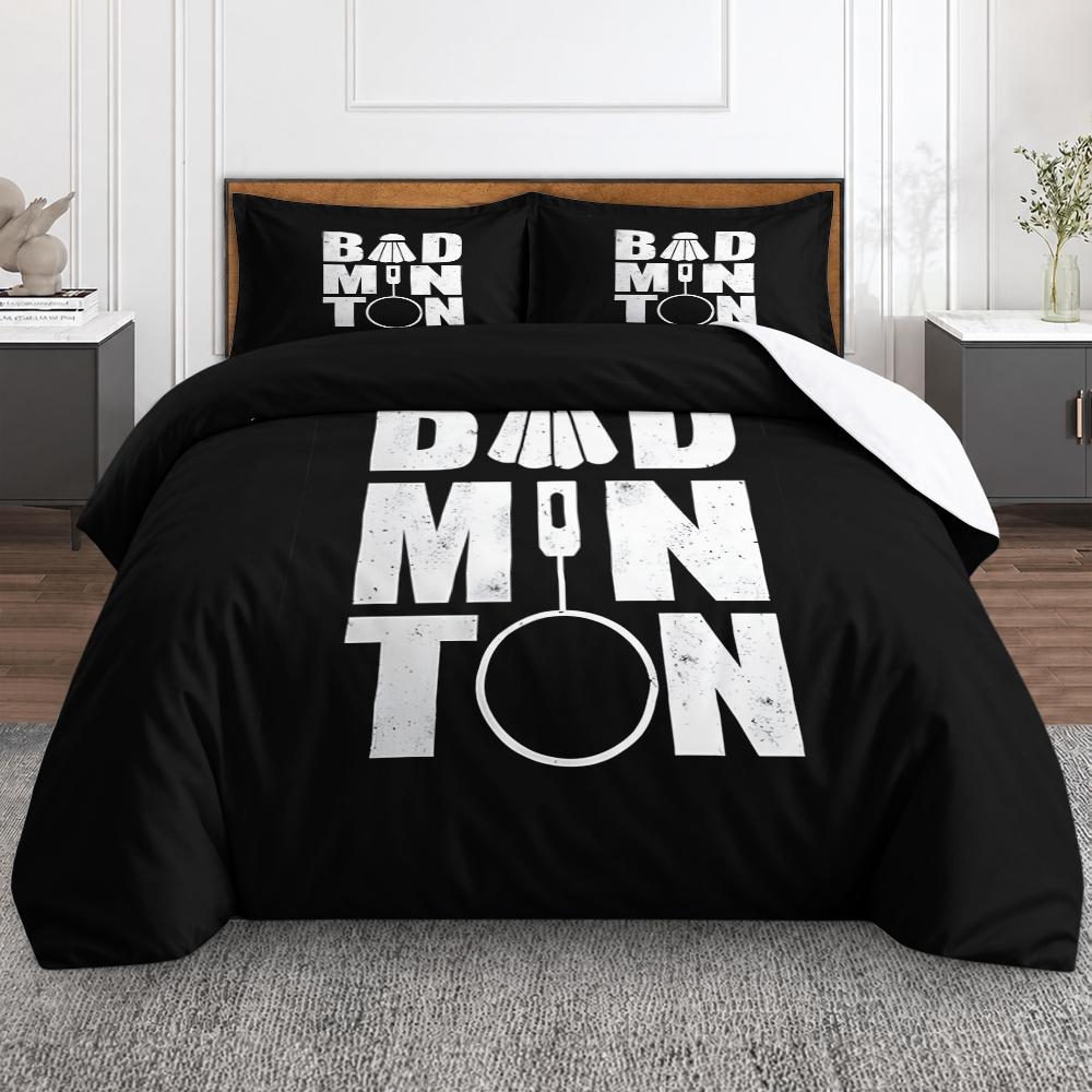 Badminton Shuttlecock Racket Typography 3 Piece Bedding Set, Black White Distressed Duvet Cover Set for Boys Sport Bedroom Decor Gift
