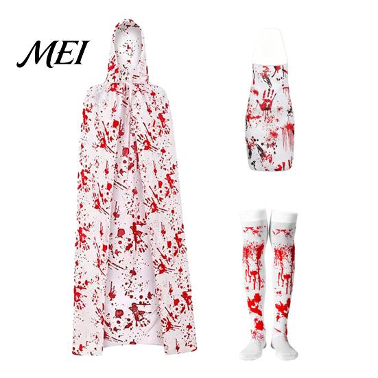 Zombie Party Dress with Blood Stains Halloween Print Costume for Women, Scary Apron, Hooded Horror Scene Photo Prop Cloak, Stockings Outfits