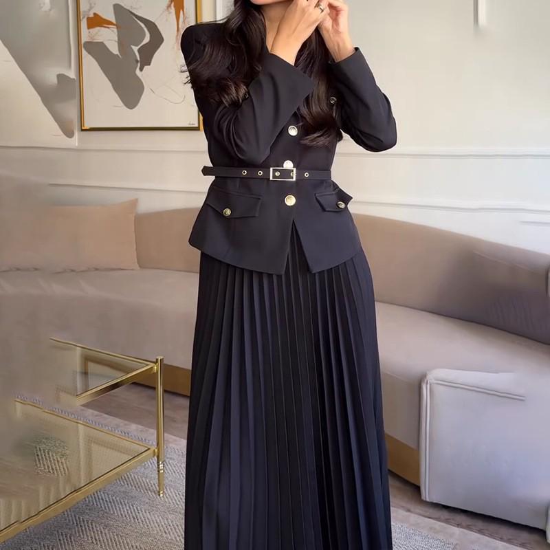 2024 Autumn European & American Solid Color Lapel Suit with Pleated Midi Skirt