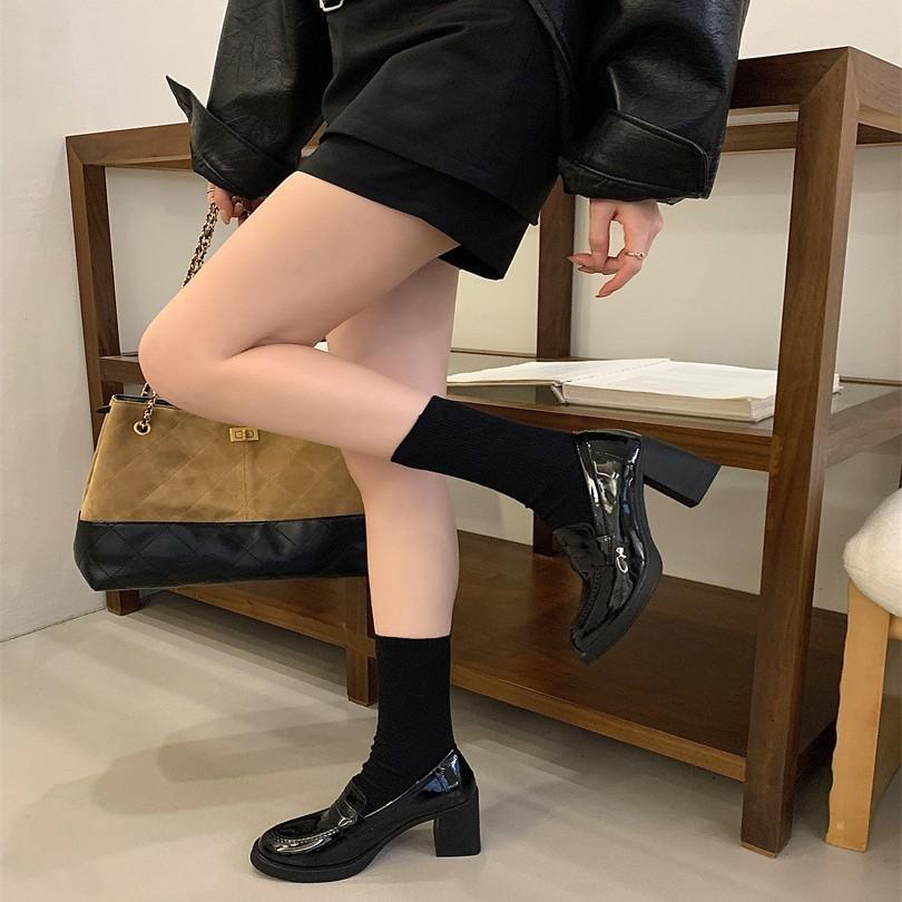 Black uniform small leather shoes women's 2025 spring new British style round head thick heel, one-pedal loafers