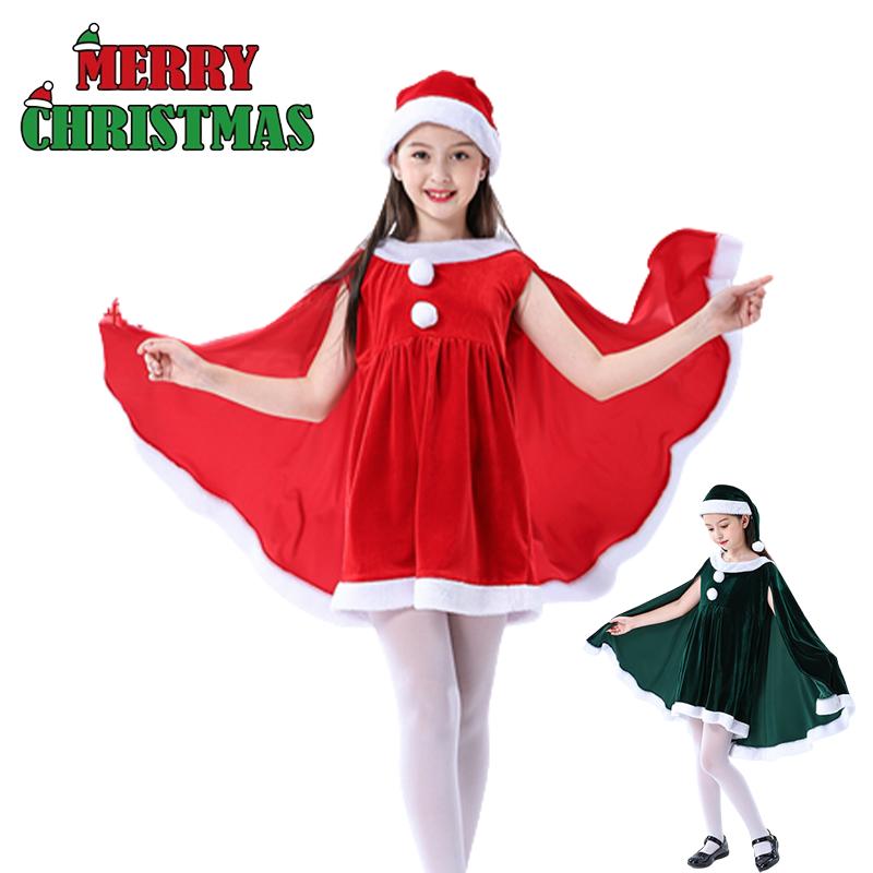 Toddler Girls Christmas Dress Set Cloak Cape Santa Claus Elf Cos Velvet Outfit