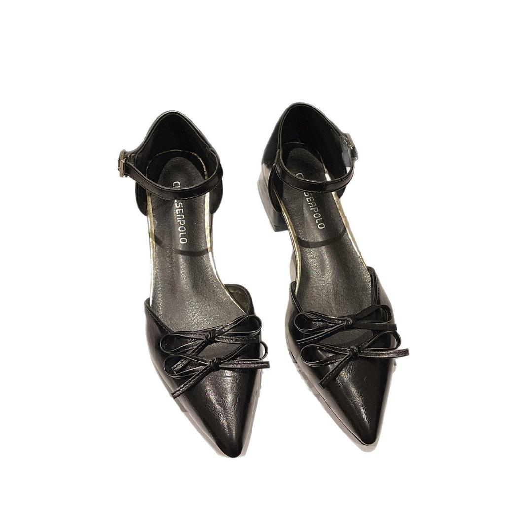 Spring and Autumn shoes bow thick heel single shoes new pointed niche with skirt 2025 black Mary Jane shoes women