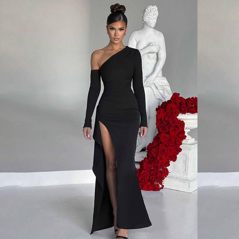 Fashion Export Fall and Winter New Arrival Sexy Diagonal Collar Elegant Elegance Long Dress Single Sleeve Split Women's Dress/Evening Wear