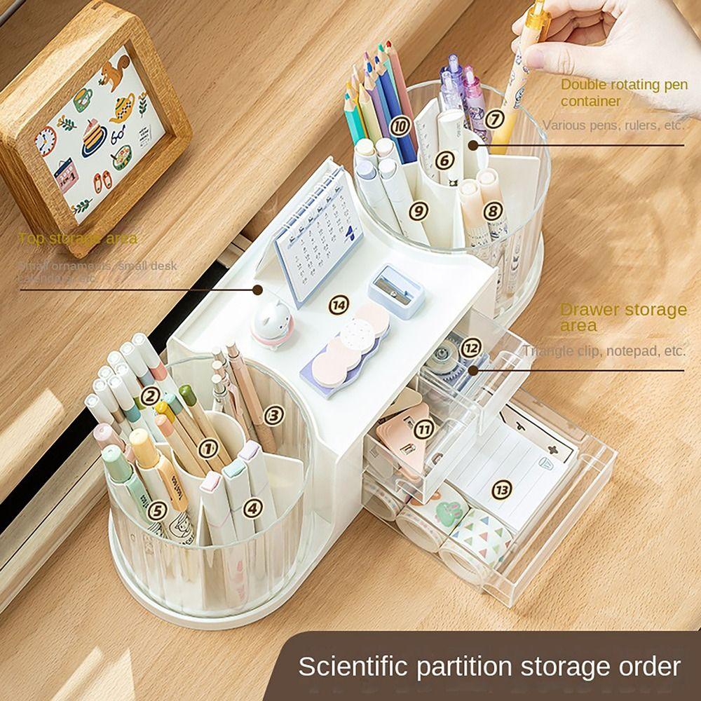 Double Rotation Drawer Pen Holder Desk Stationery Storage Pencil Container Students