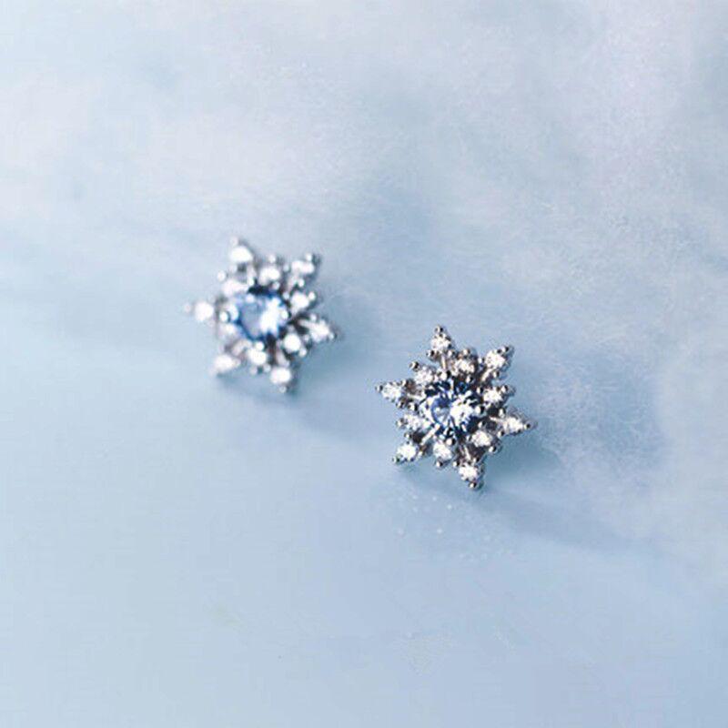 Korean Snowflake Earrings: Sweet Blue & White Diamond Studs for Women