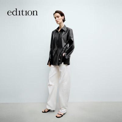 Edition Women's Lightweight Black PU Leather Long Sleeve Shirt