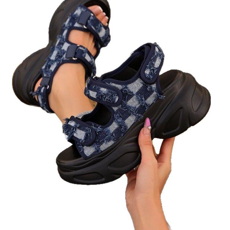 European and American New Sandals Muffin Velcro Large Size Foreign Trade Platform Sandals Denim Women's Shoes