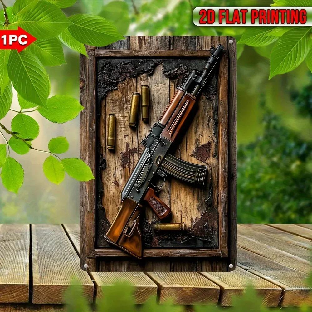 Vintage AK-47 Rifle Print Metal Sign, 1PC Wall Art. A Weatherproof Plaque, Multipurpose for Home, A Striking Wall Hanging Decor.