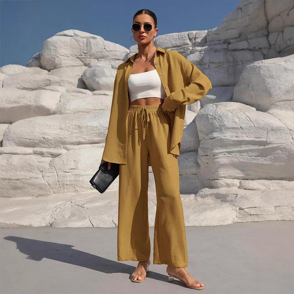 Women's Long Sleeve Shirt and Wide Leg Pants Suit Set