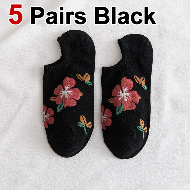 5/10 Pairs Women Flower Pattern Invisible Socks Spring Summer Sweat Absorbing Breathable Soft Comfortable Knitted Casual Socks