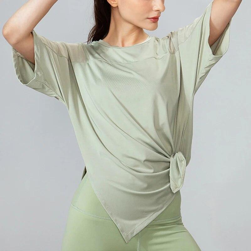 O Neck Short Sleeve Running Quick Drying Fitness Blouse Women Summer Side Cracking Sports T-shirt Mesh Loose Yoga Tops 30662