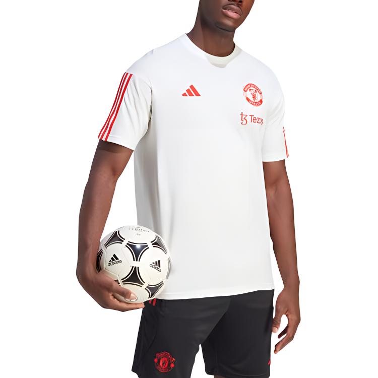 Adidas Manchester United Tiro 23 Training T-Shirt Round Neck Three Stripes Logo Print Comfortable Short Sleeve Football Shirt Men Tops White IA8488