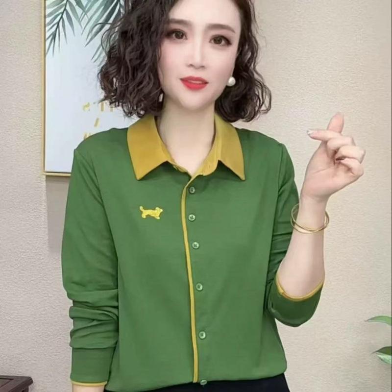 

YYFS Женские модные повседневные весенне-осенние блузки и рубашки с принтом в стиле колор-блок, с длинным рукавом и воротником поло M