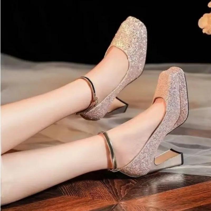 Fashion 2025 Brand Ladies Shoes Buckle Strap Women's High Heels Fashion Sequins Wedding Super High Shallow Heels Women Zapatos Mujer