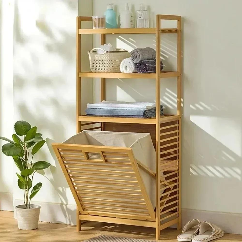 Laundry Hamper Dirty Clothes Storage Basket Pull-Out Floor Stand Bathroom Storage Shelf Cabinet Multi-function Laundry Basket