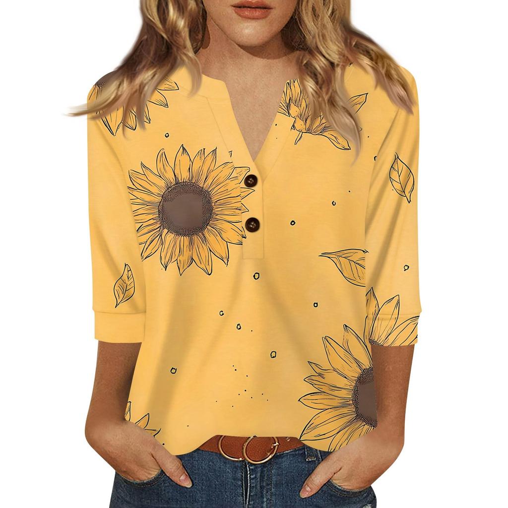 Women's T Shirt Print Button 3/4 Sleeve Daily Weekend Fashion Basic V- Neck Regular Top