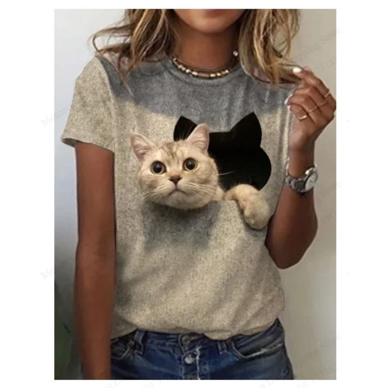 Summer Round Neck 3D Cat Print Top Fashionable Casual Short Sleeved Women's T-shirts