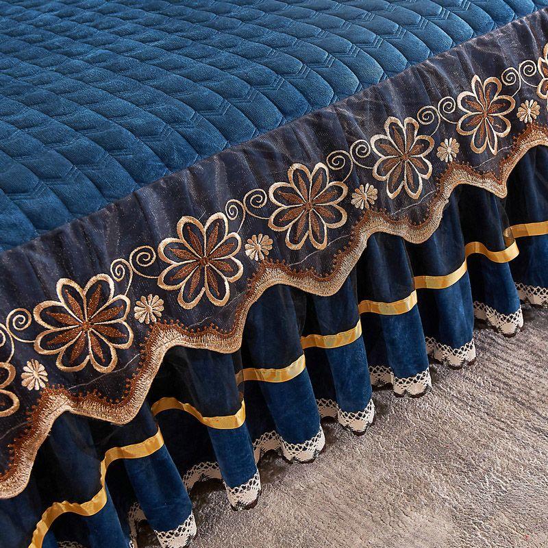 3PCS European Style Fleece Lace Bed Skirt Set of Three, Includes: Bed Skirt, Fitted Sheet, Dust Cover - Warmth Bedding Set