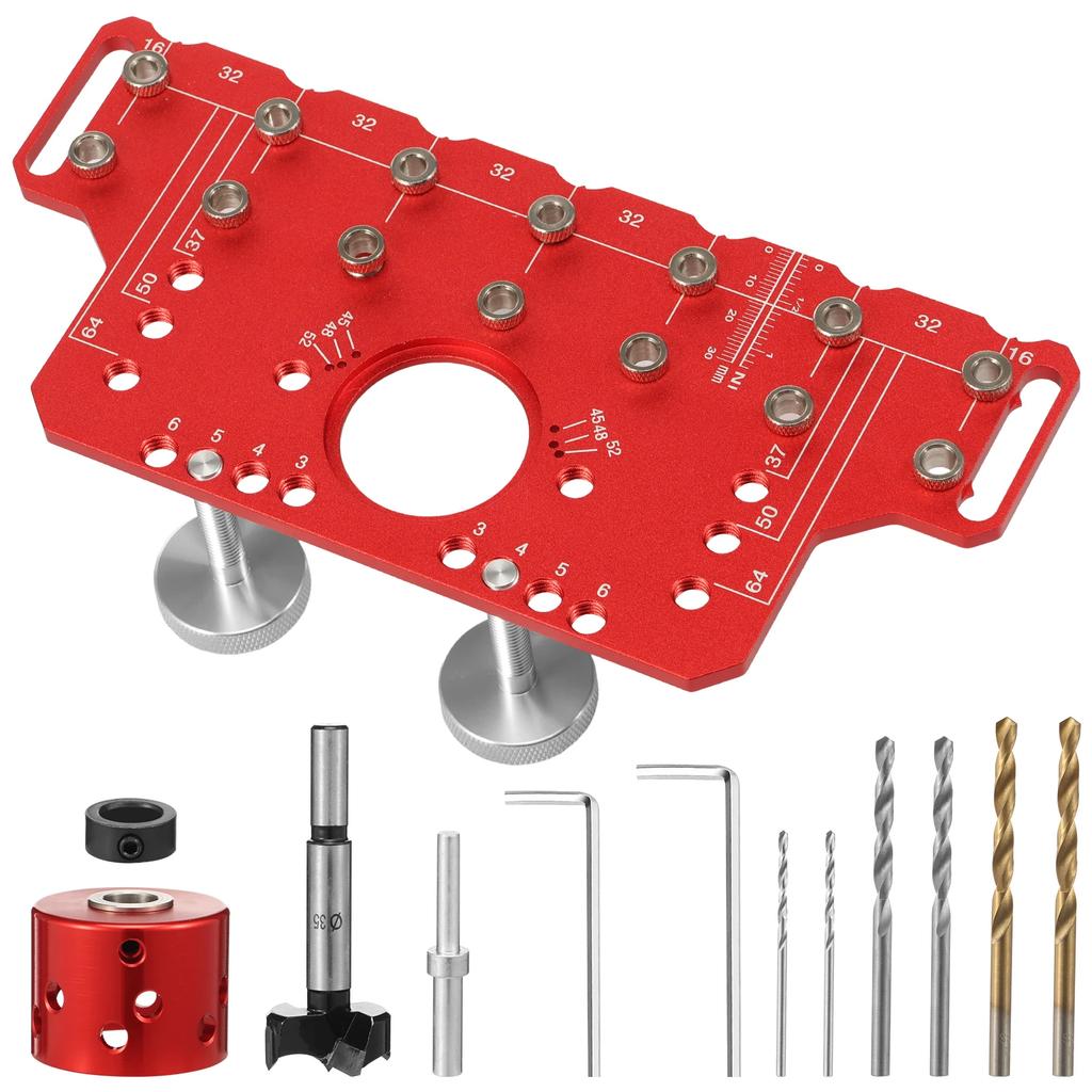Aluminum Alloy Cabinet Hinge Jig Hinge Hole Drilling Guide Template with Drill Bits Mortising Kit for Cabinet Door Installation