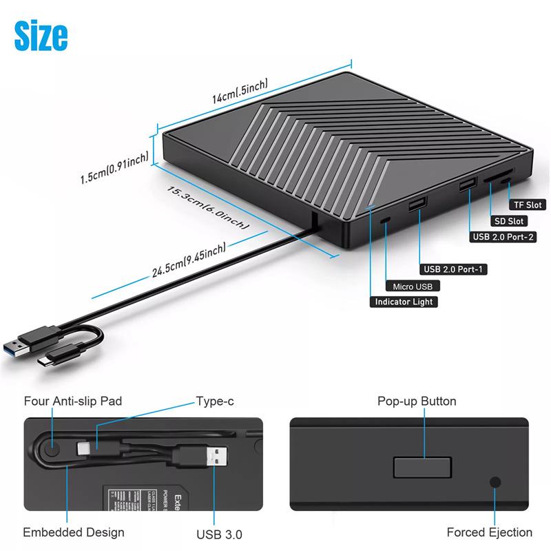 5-In-1 Usb 3.0 Type-C External Dvd Rw Cd Drive Burner Reader Player Optical Drive External For Pc Laptop Windows 11 10