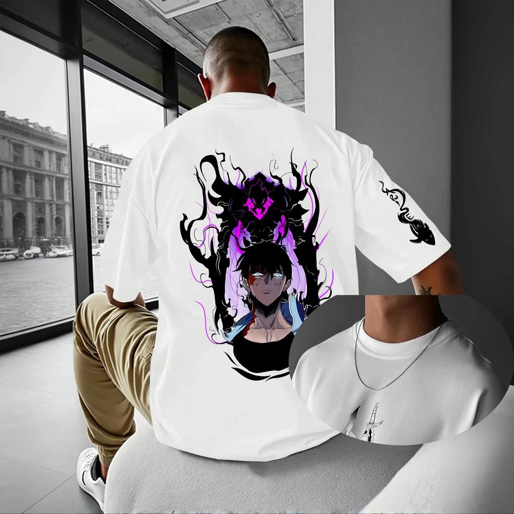 New Japanese Anime Solo Upgrade Cool Cartoon Pattern T-shirt Round Neck Vacation Short Sleeved Loose Streetwear T-shirt Men Top
