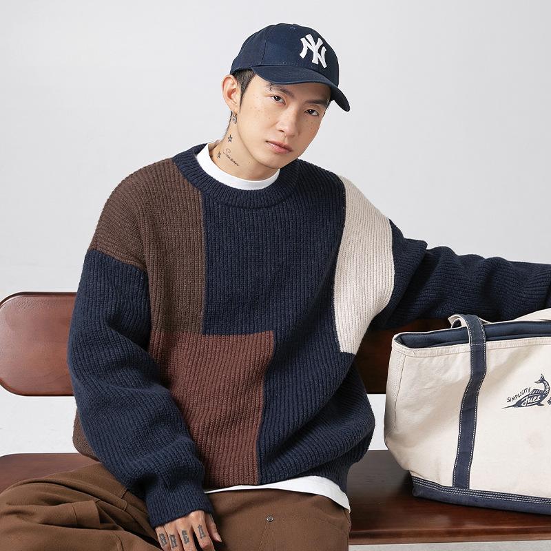 Unisex Color Block Striped Sweater, Autumn/Winter, Japanese Style, Loose Fit, Thick Knit