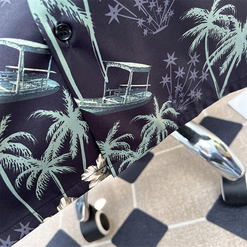 Hawaiian Coconut Full Printed Floral Ice Silk Short Sleeve Shirt Men's Summer Fashion Brand Loose Vacation Style Beach Shirt