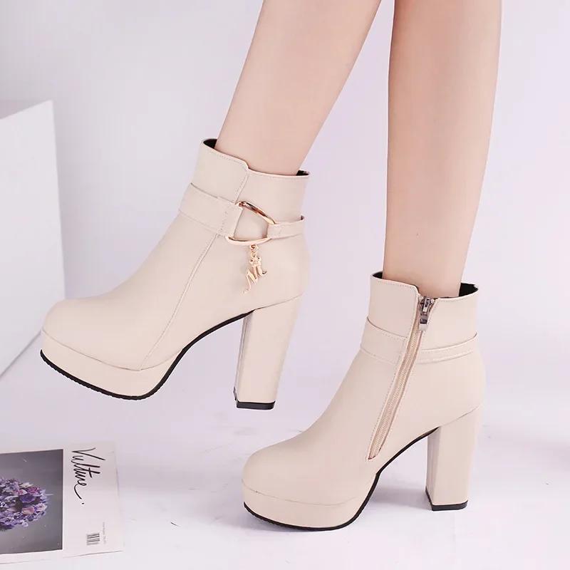 2024 Women Fashion Ankle Boots New Warm Velvet Chunky High Heels Shoes Snow Boots Comfort Soft Leather Cotton Shoes