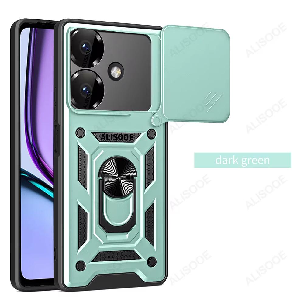 

Слайд-камера Funda для Realme Narzo N61 4G Чехол Push Lens Ring Stand Защитный чехол для Realme Note 60 4G Противоударный чехол Realme Note 60 4G зелёный