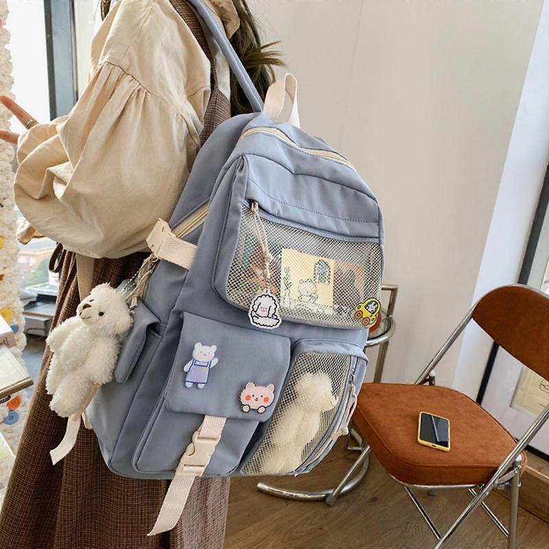 Japanese Style Cartoon Schoolbag Double Shoulder Bag with Zippers and Pockets  White