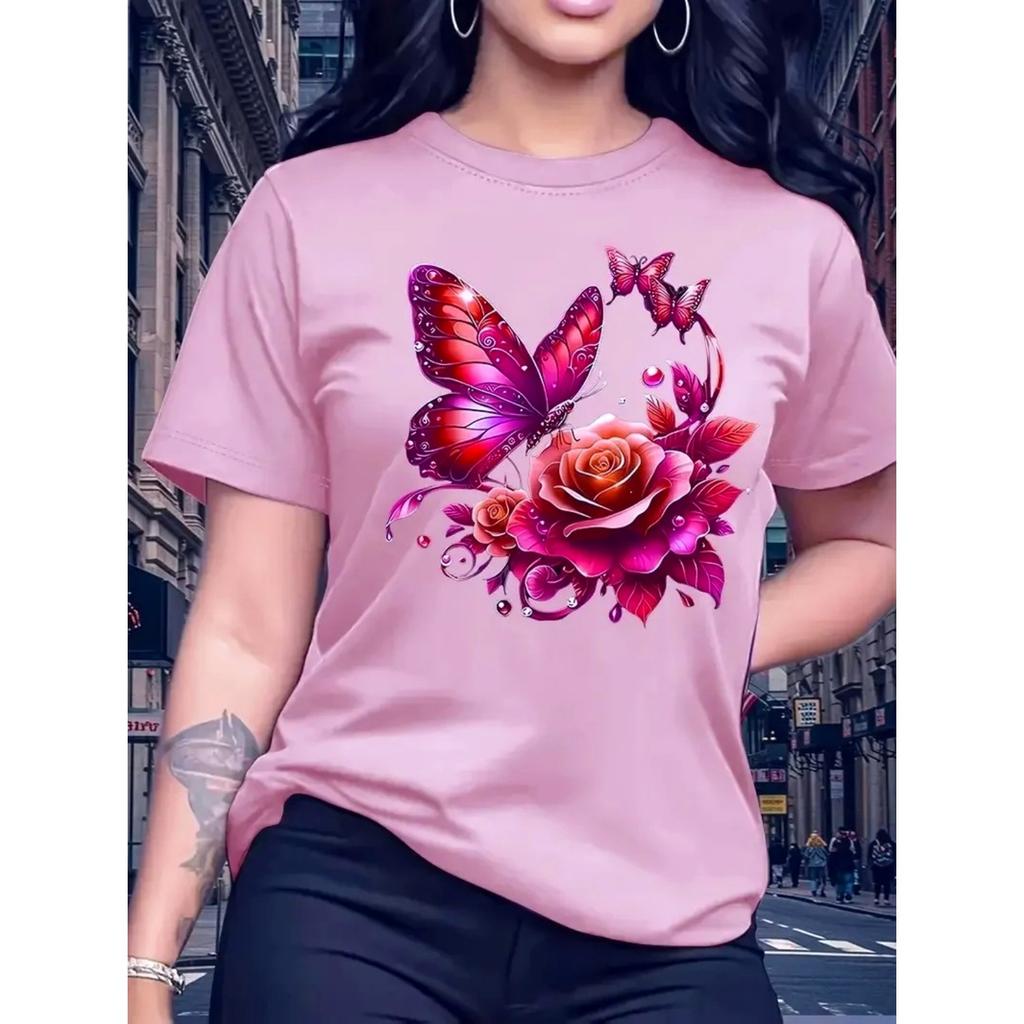 Women's Rose Butterfly Print Fashion Casual T-Shirt Short Sleeve Crew Neck Top Ideal Birthday or Holiday Gift for Outdoor Sports