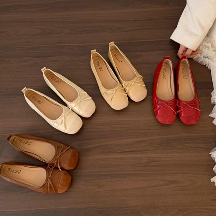 Korean version of flat-soled red small single shoes, light-mouth shoes, spring and summer new French bow ladyshoes, soft-soled soft-faced women's shoe