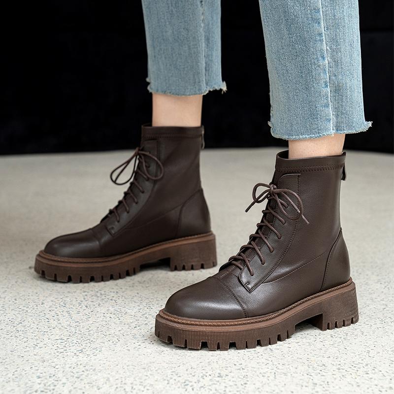 Fashion 2024 New Genuine Leather Winter ZIP Women Boots Fashion Round Toe Chunky Heel ANKLE Boots Platform Shoes Women Shoes Stretch