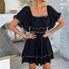 Women's Casual  Loose Black Fungus Edge Short Sleeved Dress Short Skirt  Short Skirt