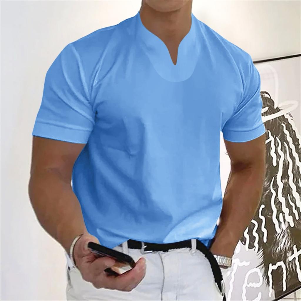 Men Short Sleeve V Neck T Shirt Casual Basic Solid Business Fitness Top Lightweight Breathable Slim Fit Tee for Daily Wear