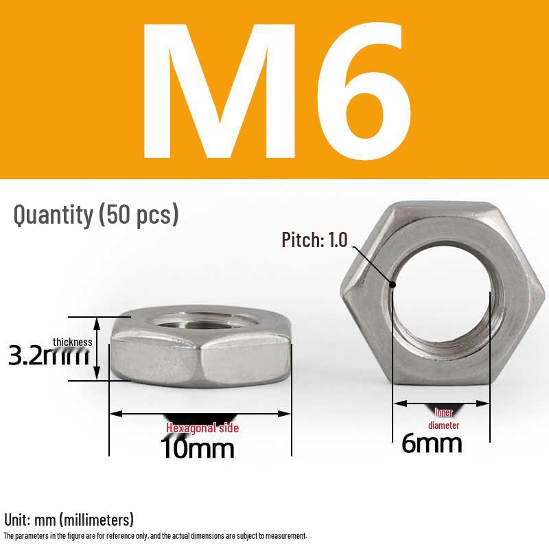 304 Stainless Steel Hex Thin Nut Cap - Sizes M2.5 to M20