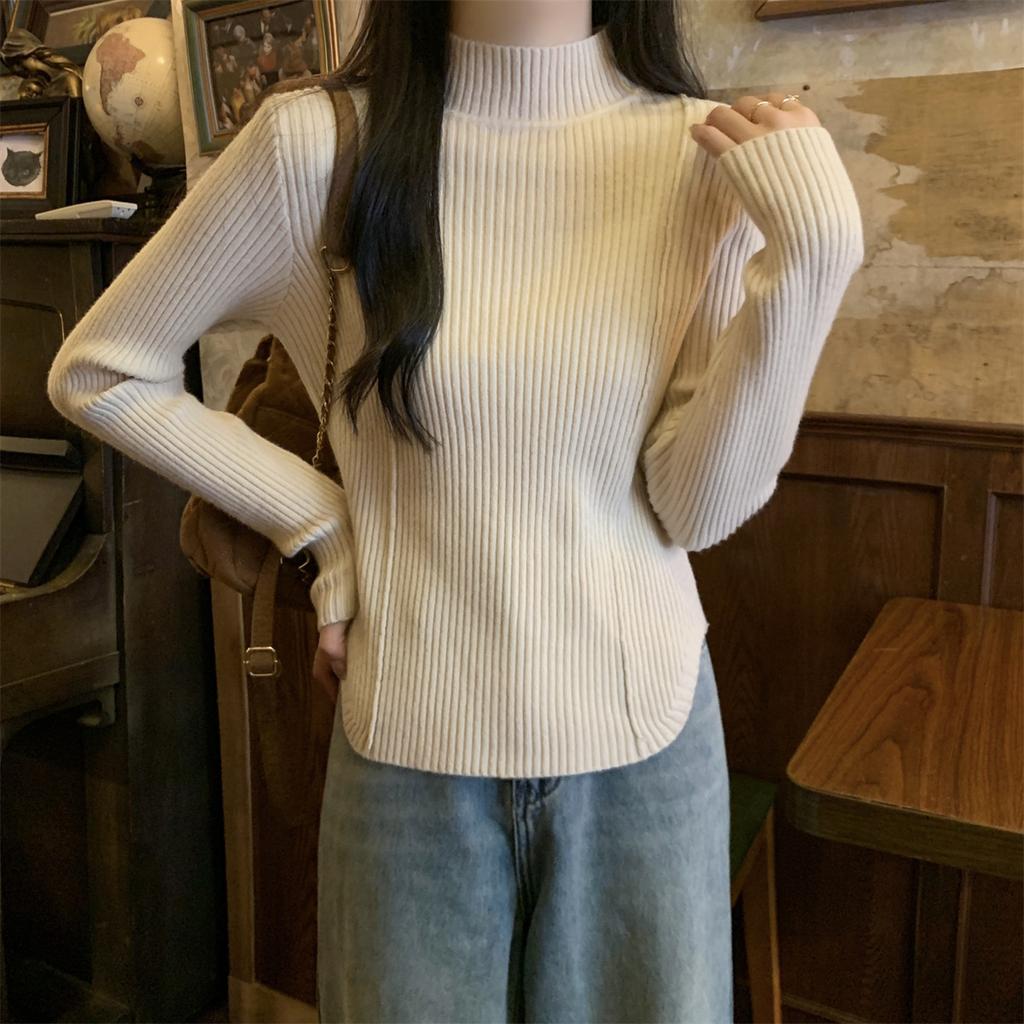 Women's Autumn and Winter Solid Colour Pullover Knitted Slim Half High Neck Sweater