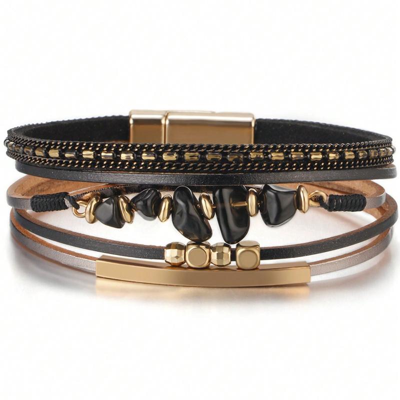 One Piece Europeisk och Amerikansk Stil Natursten Pärlstav Mässingsrör Design Kohudsläder Rep Kvinnor Grön Armband Sommar Strand