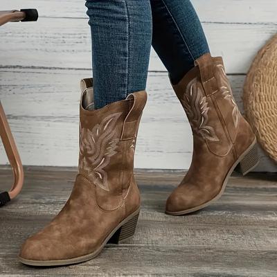 Heißer Verkauf und explosive Leder bestickt Mid-Calf Stiefel Herbst Western Cowboy Damen Stiefel große Größe 36-43 Schuhe