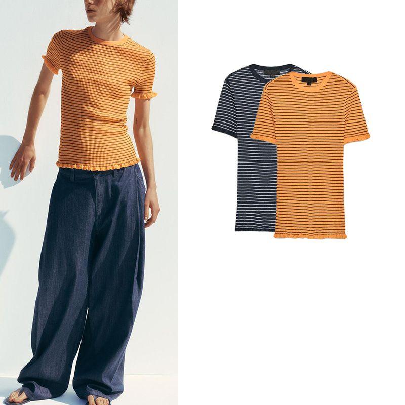 Summer Women Clothes Minimalist Style Laminated Decoration Stripe Rib Round Neck Short Sleeve Knitted Top 3653003