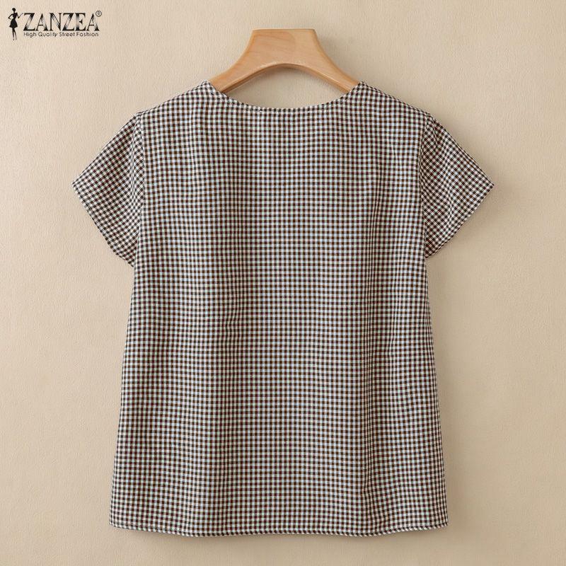ZANZEA Women Grid Print Casual Round Neck Loose Short Sleeve Blouse