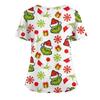 Damski T-shirt z krótkim rękawem z nadrukiem świątecznym, dekoltem w serek, zapinany na guziki z rozcięciem z boku