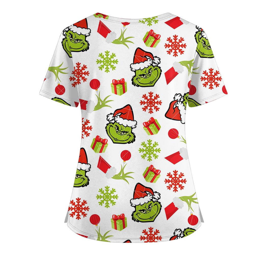 Damski T-shirt z krótkim rękawem z nadrukiem świątecznym, dekoltem w serek, zapinany na guziki z rozcięciem z boku