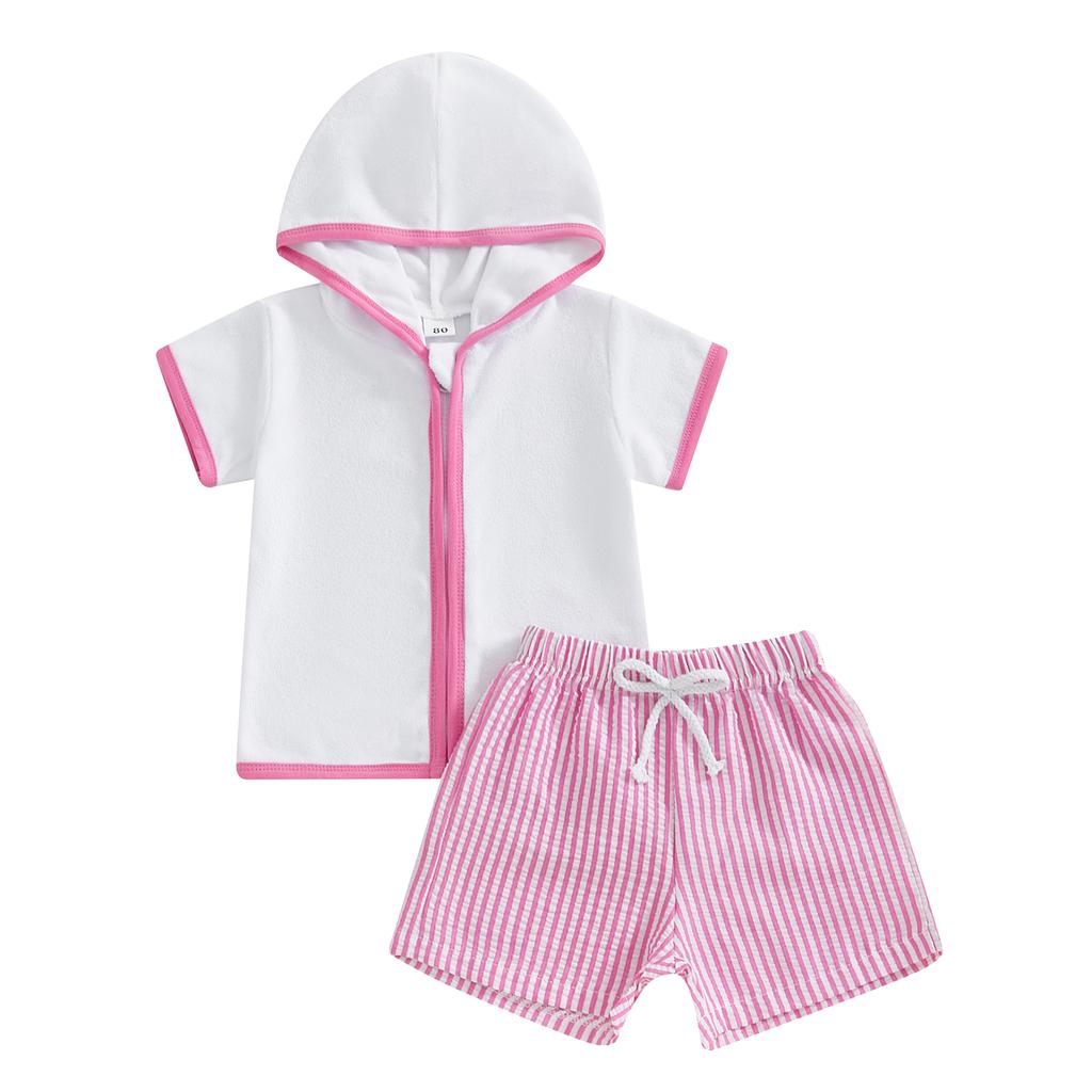 Toddler Boy Girl Beach Cover Up Set Short Sleeve Zipper Hood Tops with Stripe Print Shorts Outfit